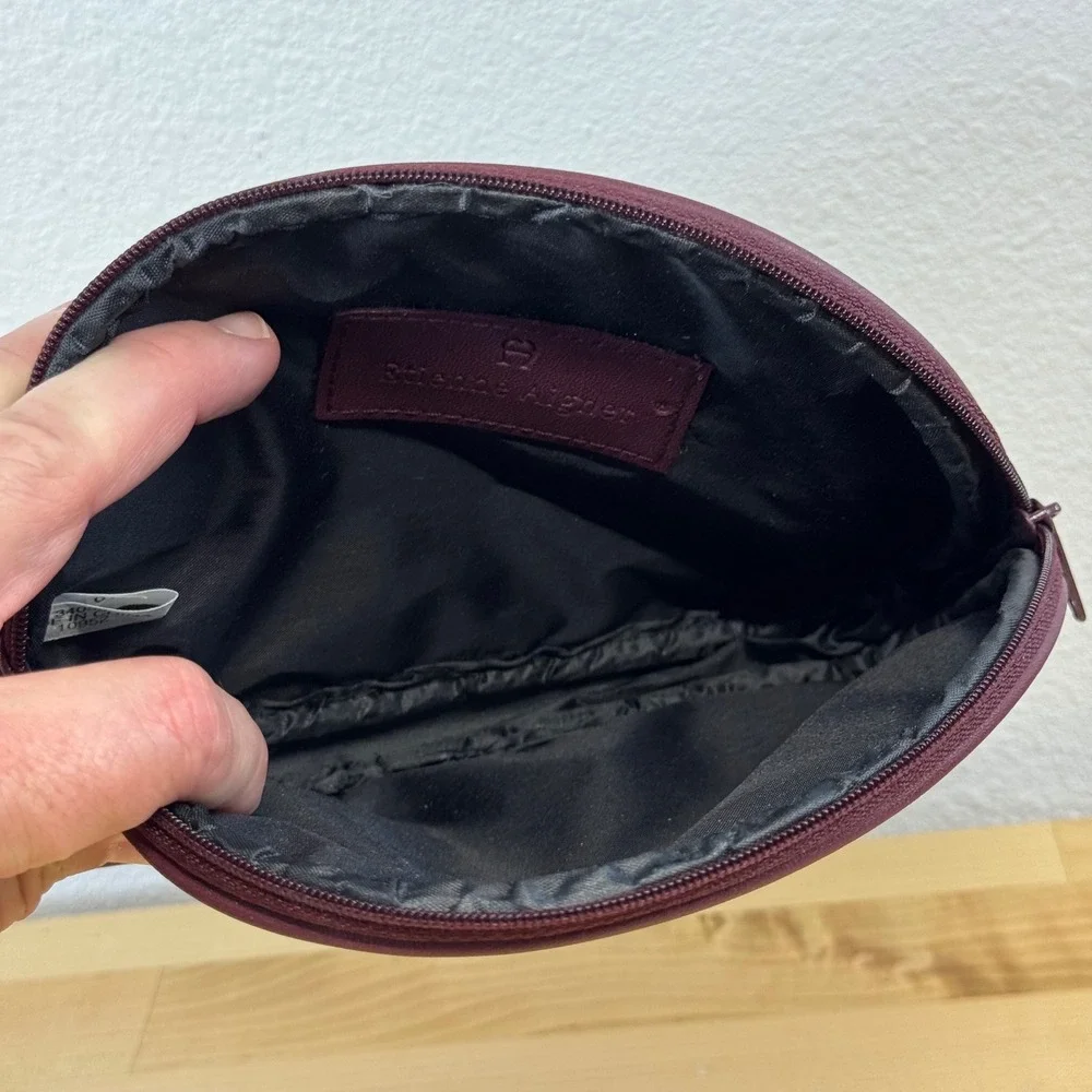 Etienne Aigner Burgundy Leather Half Moon Cosmetic Pouch Makeup Bag Gold Logo